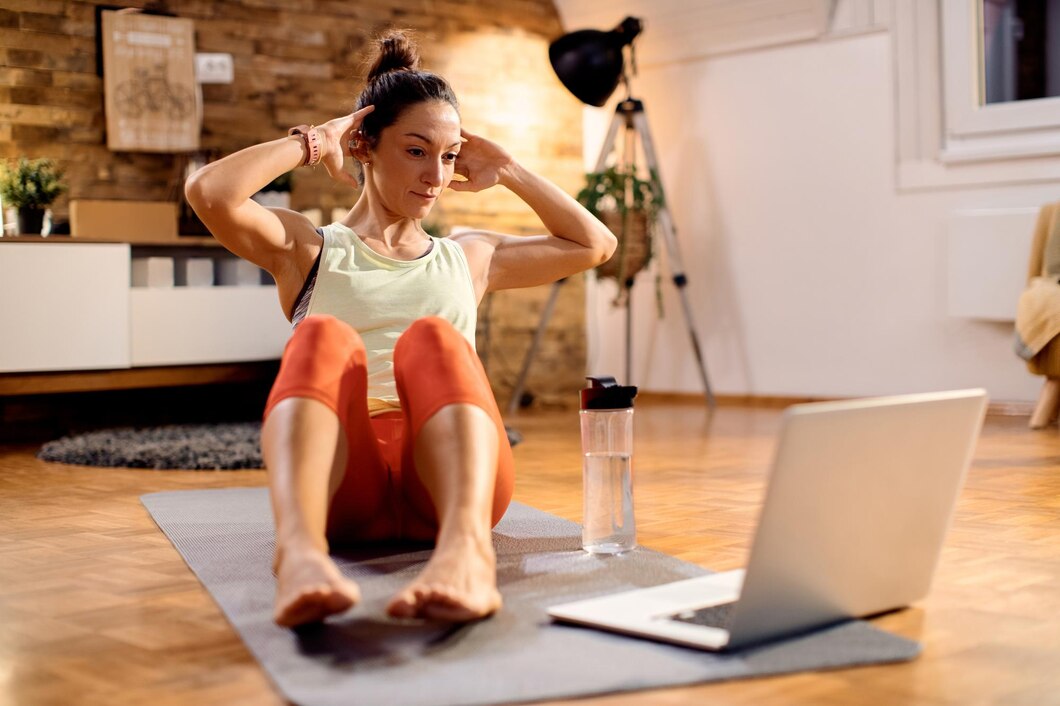athletic woman doing situps online training class home 637285 10695